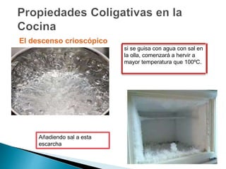 si se guisa con agua con sal en
la olla, comenzará a hervir a
mayor temperatura que 100ºC.
El descenso crioscópico
Añadiendo sal a esta
escarcha
 