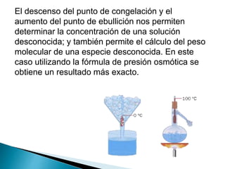 El descenso del punto de congelación y el
aumento del punto de ebullición nos permiten
determinar la concentración de una solución
desconocida; y también permite el cálculo del peso
molecular de una especie desconocida. En este
caso utilizando la fórmula de presión osmótica se
obtiene un resultado más exacto.
 