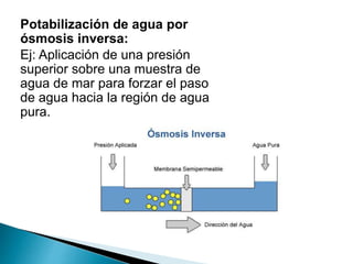 Potabilización de agua por
ósmosis inversa:
Ej: Aplicación de una presión
superior sobre una muestra de
agua de mar para forzar el paso
de agua hacia la región de agua
pura.
 