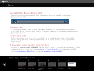 Ayuda Resumen del curso 
Usar los controles de vídeo de PowerPoint 
Detener un curso 
Si descarga un curso y los vídeos no se reproducen 
obtener el Visor de PowerPoint 
el reproductor QuickTime actualizar a PowerPoint 2013. 
1 2 3 4 5 6 
Resumen Comentarios Ayuda 
5:15 5:37 4:50 
Aplicar y cambiar Cambiar fondo Personalizar y 
guardar 
Moverse por el curso 
Presione F5 para comenzar, Esc para parar 
