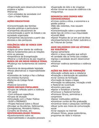 •Organização para desenvolvimento de
projetos e ações
•Parcerias
–Com entidades da sociedade civil
–Com o Poder Público

•Superação do ódio e da vingança
•Evitar tornar-se causa de violência e de
insegurança.
DENUNCIA DOS CRIMES NÃO
CONVENCIONAIS
•Crimes contra a ética, a economia e a
gestão pública
•Não são violentos, mas causam
violência
•Conscientização sobre a gravidade
deste tipo de crime e sua impunidade
•Comitê 9840
•Apoiar Projetos de Lei em prol da ética
•Acompanhamento do Poder Judiciário e
do Tribunal de Contas

AÇÕES EDUCATIVAS
•Conscientização das famílias
•Escolas públicas e particulares
•Campanhas educacionais de
conscientização a partir do Estado e da
sociedade organizada
•Campanhas educacionais a partir das
dioceses e das paróquias.
VIOLÊNCIA NÃO SE VENCE COM
VIOLÊNCIA
•Lógica do amor diante da violência
•Novos fundamentos para as relações
entre as pessoas
•Importância da Evangelização
•Mostrar a ineficiência da paz negativa
BUSCA DE UM NOVO MODELO PENAL
•Mudança nos fundamentos do sistema
penal
•Denúncia da desigualdade legislada
•Penas alternativas e responsabilidade
social
•Comissões de Justiça e Paz e Defesa
dos Direitos Humanos
•Reforma do Código Penal
•APAC
•Pastoral Carcerária
REDES SOCIAIS POPULARES
•Grupos de reflexão sobre a violência
–Em geral
–Com enfoques específicos
•Grupos de atuação
•Articulação com o Poder Público
–SUSP e PRONASCI
–Projeto Nacional sobre o Álcool
•Divulgar as Ouvidorias, Defensorias,
Corregedorias, Ministério Público,
Conselho de Direitos, etc.
RESPONSABILIDADE PESSOAL
•Questionamento sobre as
responsabilidades e atuações pessoais

AGIR SOLIDÁRIO COM AS VÍTIMAS
DA VIOLÊNCIA
•Igreja samaritana
•Servir a Jesus naqueles que sofrem
•A caridade não se limita aos cristãos
•Igreja e sociedade devem desenvolver
iniciativas
•Priorizar violência doméstica e violência
urbana
AÇÕES NA ÁREA DE FORMAÇÃO
•Educação voltada para a cidadania
•Produção e distribuição de subsídios
•Criar centros de formação
•Formação de leigos e leigas
•Formação na catequese, iniciação cristã
e Pastoral da Juventude
•Encontro para pais
•Apoiar e fortalecer a família
•Promover a Pastoral Familiar
•Promover fóruns, seminários e
congressos
•Apoiar instituições católicas
•Incentivar cursos de Pós graduação
•Incentivar teses e pesquisas científicas
•Atuar junto aos meios de comunicação
social
•Criar espaços na internet
•Produzir filmes, peças publicitárias,
programas de rádio e músicas
10

 