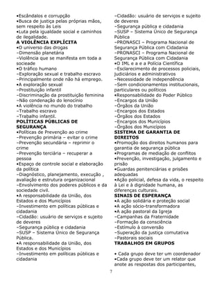 •Escândalos e corrupção
•Busca de justiça pelas próprias mãos,
sem respeito às Leis
•Luta pela igualdade social e caminhos
de ilegalidade.
A VIOLÊNCIA EXPLÍCITA
•O universo das drogas
–Dimensão planetária
–Violência que se manifesta em toda a
socieade
•O tráfico humano
–Exploração sexual e trabalho escravo
–Principalmente onde não há emprego.
•A exploração sexual
–Prostituição infantil
–Discriminação da prostituição feminina
–Não condenação do lenocínio
•A violência no mundo do trabalho
–Trabalho escravo
–Trabalho infantil.
POLÍTICAS PÚBLICAS DE
SEGURANÇA
•Políticas de Prevenção ao crime
–Prevenção primária – evitar o crime
–Prevenção secundária – reprimir o
crime
–Prevenção terciária – recuperar a
pessoa
•Espaço de controle social e elaboração
da política
–Diagnóstico, planejamento, execução ,
avaliação e estrutura organizacional
–Envolvimento dos poderes públicos e da
sociedade civil.
•A responsabilidade da União, dos
Estados e dos Municípios
–Investimento em políticas públicas e
cidadania
–Cidadão: usuário de serviços e sujeito
de deveres
–Segurança pública e cidadania
–SUSP – Sistema Único de Segurança
Pública.
•A responsabilidade da União, dos
Estados e dos Municípios
–Investimento em políticas públicas e
cidadania

–Cidadão: usuário de serviços e sujeito
de deveres
–Segurança pública e cidadania
–SUSP – Sistema Único de Segurança
Pública
–PRONASCI – Programa Nacional de
Segurança Pública com Cidadania
–PRONASCI – Programa Nacional de
Segurança Pública com Cidadania
•O IML e a e a Polícia Científica
–Esclarecimento de processos policiais,
judiciários e administrativos
–Necessidade de independência
–Sem condicionamentos institucionais,
particulares ou políticos
•Responsabilidade do Poder Público
–Encargos da União
–Órgãos da União
–Encargos dos Estados
–Órgãos dos Estados
–Encargos dos Municípios
–Órgãos dos Municípios
SISTEMA DE GARANTIA DE
DIREITOS
•Promoção dos direitos humanos para
garantia de segurança pública
•Programas de mediação de conflitos
•Prevenção, investigação, julgamento e
prisão
•Guardas penitenciárias e prisões
adequadas
•Ação policial, defesa da vida, o respeito
à Lei e à dignidade humana, as
diferenças culturais.
SINAIS DE ESPERANÇA
•A ação solidária e proteção social
•A ação sócio-transformadora
•A ação pastoral da Igreja
–Campanhas da Fraternidade
–Formação da consciência
–Estímulo à conversão
–Superação da justiça comutativa
–Pastorais sociais
TRABALHOS EM GRUPOS
• Cada grupo deve ter um coordenador
•Cada grupo deve ter um relator que
anote as respostas dos participantes,
7

 