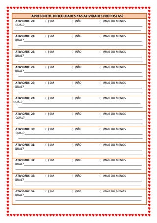 ALUNO(A):_______________________________________________DATA:__/__/2020
65
APRESENTOU DIFICULDADES NAS ATIVIDADES PROPOSTAS?
ATIVIDADE 23: ( ) SIM ( )NÃO ( )MAIS OU MENOS
QUAL?___________________________________________________________________________
_________________________________________________________________________________
ATIVIDADE 24: ( ) SIM ( )NÃO ( )MAIS OU MENOS
QUAL?___________________________________________________________________________
_______________________________________________________________________________
ATIVIDADE 25: ( ) SIM ( )NÃO ( )MAIS OU MENOS
QUAL?___________________________________________________________________________
_______________________________________________________________________________
ATIVIDADE 26: ( ) SIM ( )NÃO ( )MAIS OU MENOS
QUAL?___________________________________________________________________________
_______________________________________________________________________________
ATIVIDADE 27: ( ) SIM ( )NÃO ( )MAIS OU MENOS
QUAL?___________________________________________________________________________
_______________________________________________________________________________
ATIVIDADE 28: ( ) SIM ( )NÃO ( )MAIS OU MENOS
QUAL?___________________________________________________________________________
_______________________________________________________________________________
ATIVIDADE 29: ( ) SIM ( )NÃO ( )MAIS OU MENOS
QUAL?___________________________________________________________________________
_______________________________________________________________________________
ATIVIDADE 30: ( ) SIM ( )NÃO ( )MAIS OU MENOS
QUAL?___________________________________________________________________________
_______________________________________________________________________________
ATIVIDADE 31: ( ) SIM ( )NÃO ( )MAIS OU MENOS
QUAL?___________________________________________________________________________
_______________________________________________________________________________
ATIVIDADE 32: ( ) SIM ( )NÃO ( )MAIS OU MENOS
QUAL?___________________________________________________________________________
________________________________________________________________________________
ATIVIDADE 33: ( ) SIM ( )NÃO ( )MAIS OU MENOS
QUAL?___________________________________________________________________________
________________________________________________________________________________
ATIVIDADE 34: ( ) SIM ( )NÃO ( )MAIS OU MENOS
QUAL?___________________________________________________________________________
________________________________________________________________________________
 
