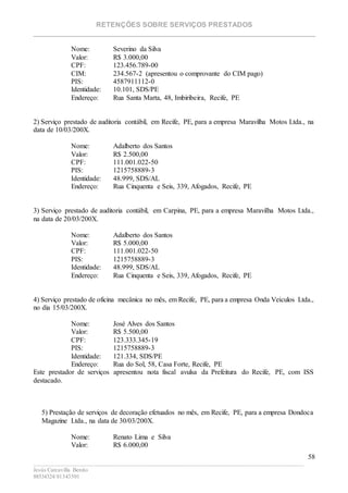 RETENÇÕES SOBRE SERVIÇOS PRESTADOS
________________________________________________________________________
____________________________________________________________________________________________
Jesús Carcavilla Benito
88534324/81343501
58
Nome: Severino da Silva
Valor: R$ 3.000,00
CPF: 123.456.789-00
CIM: 234.567-2 (apresentou o comprovante do CIM pago)
PIS: 4587911112-0
Identidade: 10.101, SDS/PE
Endereço: Rua Santa Marta, 48, Imbiribeira, Recife, PE
2) Serviço prestado de auditoria contábil, em Recife, PE, para a empresa Maravilha Motos Ltda., na
data de 10/03/200X.
Nome: Adalberto dos Santos
Valor: R$ 2.500,00
CPF: 111.001.022-50
PIS: 1215758889-3
Identidade: 48.999, SDS/AL
Endereço: Rua Cinquenta e Seis, 339, Afogados, Recife, PE
3) Serviço prestado de auditoria contábil, em Carpina, PE, para a empresa Maravilha Motos Ltda.,
na data de 20/03/200X.
Nome: Adalberto dos Santos
Valor: R$ 5.000,00
CPF: 111.001.022-50
PIS: 1215758889-3
Identidade: 48.999, SDS/AL
Endereço: Rua Cinquenta e Seis, 339, Afogados, Recife, PE
4) Serviço prestado de oficina mecânica no mês, em Recife, PE, para a empresa Onda Veículos Ltda.,
no dia 15/03/200X.
Nome: José Alves dos Santos
Valor: R$ 5.500,00
CPF: 123.333.345-19
PIS: 1215758889-3
Identidade: 121.334, SDS/PE
Endereço: Rua do Sol, 58, Casa Forte, Recife, PE
Este prestador de serviços apresentou nota fiscal avulsa da Prefeitura do Recife, PE, com ISS
destacado.
5) Prestação de serviços de decoração efetuados no mês, em Recife, PE, para a empresa Dondoca
Magazine Ltda., na data de 30/03/200X.
Nome: Renato Lima e Silva
Valor: R$ 6.000,00
 