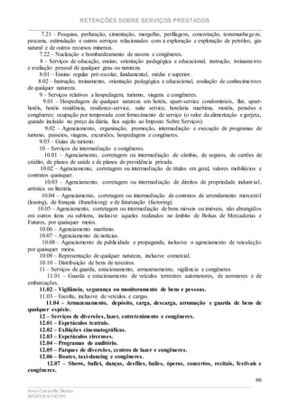RETENÇÕES SOBRE SERVIÇOS PRESTADOS
________________________________________________________________________
____________________________________________________________________________________________
Jesús Carcavilla Benito
88534324/81343501
66
7.21 – Pesquisa, perfuração, cimentação, mergulho, perfilagem, concretação, testemunhagem,
pescaria, estimulação e outros serviços relacionados com a exploração e explotação de petróleo, gás
natural e de outros recursos minerais.
7.22 – Nucleação e bombardeamento de nuvens e congêneres.
8 – Serviços de educação, ensino, orientação pedagógica e educacional, instrução, treinamento
e avaliação pessoal de qualquer grau ou natureza.
8.01 – Ensino regular pré-escolar, fundamental, médio e superior.
8.02 – Instrução, treinamento, orientação pedagógica e educacional, avaliação de conhecimentos
de qualquer natureza.
9 – Serviços relativos a hospedagem, turismo, viagens e congêneres.
9.01 – Hospedagem de qualquer natureza em hotéis, apart-service condominiais, flat, apart-
hotéis, hotéis residência, residence-service, suite service, hotelaria marítima, motéis, pensões e
congêneres; ocupação por temporada com fornecimento de serviço (o valor da alimentação e gorjeta,
quando incluído no preço da diária, fica sujeito ao Imposto Sobre Serviços).
9.02 – Agenciamento, organização, promoção, intermediação e execução de programas de
turismo, passeios, viagens, excursões, hospedagens e congêneres.
9.03 – Guias de turismo.
10 – Serviços de intermediação e congêneres.
10.01 – Agenciamento, corretagem ou intermediação de câmbio, de seguros, de cartões de
crédito, de planos de saúde e de planos de previdência privada.
10.02 – Agenciamento, corretagem ou intermediação de títulos em geral, valores mobiliários e
contratos quaisquer.
10.03 – Agenciamento, corretagem ou intermediação de direitos de propriedade industrial,
artística ou literária.
10.04 – Agenciamento, corretagem ou intermediação de contratos de arrendamento mercantil
(leasing), de franquia (franchising) e de faturização (factoring).
10.05 – Agenciamento, corretagem ou intermediação de bens móveis ou imóveis, não abrangidos
em outros itens ou subitens, inclusive aqueles realizados no âmbito de Bolsas de Mercadorias e
Futuros, por quaisquer meios.
10.06 – Agenciamento marítimo.
10.07 – Agenciamento de notícias.
10.08 – Agenciamento de publicidade e propaganda, inclusive o agenciamento de veiculação
por quaisquer meios.
10.09 – Representação de qualquer natureza, inclusive comercial.
10.10 – Distribuição de bens de terceiros.
11 – Serviços de guarda, estacionamento, armazenamento, vigilância e congêneres.
11.01 – Guarda e estacionamento de veículos terrestres automotores, de aeronaves e de
embarcações.
11.02 – Vigilância, segurança ou monitoramento de bens e pessoas.
11.03 – Escolta, inclusive de veículos e cargas.
11.04 – Armazenamento, depósito, carga, descarga, arrumação e guarda de bens de
qualquer espécie.
12 – Serviços de diversões, lazer, entretenimento e congêneres.
12.01 – Espetáculos teatrais.
12.02 – Exibições cinematográficas.
12.03 – Espetáculos circenses.
12.04 – Programas de auditório.
12.05 – Parques de diversões, centros de lazer e congêneres.
12.06 – Boates, taxi-dancing e congêneres.
12.07 – Shows, ballet, danças, desfiles, bailes, óperas, concertos, recitais, festivais e
congêneres.
 