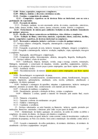 RETENÇÕES SOBRE SERVIÇOS PRESTADOS
________________________________________________________________________
____________________________________________________________________________________________
Jesús Carcavilla Benito
88534324/81343501
67
12.08 – Feiras, exposições, congressos e congêneres.
12.09 – Bilhares, boliches e diversões eletrônicas ou não.
12.10 – Corridas e competições de animais.
12.11 – Competições esportivas ou de destreza física ou intelectual, com ou sem a
participação do espectador.
12.12 – Execução de música.
12.13 – Produção, mediante ou sem encomenda prévia, de eventos, espetáculos, entrevistas,
shows, ballet, danças, desfiles, bailes, teatros, óperas, concertos, recitais, festivais e congêneres.
12.14 – Fornecimento de música para ambientes fechados ou não, mediante transmissão
por qualquer processo.
12.15 – Desfiles de blocos carnavalescos ou folclóricos, trios elétricos e congêneres.
12.16 – Exibição de filmes, entrevistas, musicais, espetáculos, shows, concertos, desfiles,
óperas, competições esportivas, de destreza intelectual ou congêneres.
12.17 – Recreação e animação, inclusive em festas e eventos de qualquer natureza.
13 – Serviços relativos a fonografia, fotografia, cinematografia e reprografia.
13.01 – (VETADO)
13.02 – Fonografia ou gravação de sons, inclusive trucagem, dublagem, mixagem e congêneres.
13.03 – Fotografia e cinematografia, inclusive revelação, ampliação, cópia, reprodução, trucagem
e congêneres.
13.04 – Reprografia, microfilmagem e digitalização.
13.05 – Composição gráfica, fotocomposição, clicheria, zincografia, litografia, fotolitografia.
14 – Serviços relativos a bens de terceiros.
14.01 – Lubrificação, limpeza, lustração, revisão, carga e recarga, conserto, restauração,
blindagem, manutenção e conservação de máquinas, veículos, aparelhos, equipamentos, motores,
elevadores ou de qualquer objeto (exceto peças e partes empregadas, que ficam sujeitas ao ICMS).
14.02 – Assistência técnica.
14.03 – Recondicionamento de motores (exceto peças e partes empregadas, que ficam sujeitas
ao ICMS).
14.04 – Recauchutagem ou regeneração de pneus.
14.05 – Restauração, recondicionamento, acondicionamento, pintura, beneficiamento, lavagem,
secagem, tingimento, galvanoplastia, anodização, corte, recorte, polimento, plastificação e
congêneres, de objetos quaisquer.
14.06 – Instalação e montagem de aparelhos, máquinas e equipamentos, inclusive montagem
industrial, prestados ao usuário final, exclusivamente com material por ele fornecido.
14.07 – Colocação de molduras e congêneres.
14.08 – Encadernação, gravação e douração de livros, revistas e congêneres.
14.09 – Alfaiataria e costura, quando o material for fornecido pelo usuário final, exceto
aviamento.
14.10 – Tinturaria e lavanderia.
14.11 – Tapeçaria e reforma de estofamentos em geral.
14.12 – Funilaria e lanternagem.
14.13 – Carpintaria e serralheria.
15 – Serviços relacionados ao setor bancário ou financeiro, inclusive aqueles prestados por
instituições financeiras autorizadas a funcionar pela União ou por quem de direito.
15.01 – Administração de fundos quaisquer, de consórcio, de cartão de crédito ou débito e
congêneres, de carteira de clientes, de cheques pré-datados e congêneres.
15.02 – Abertura de contas em geral, inclusive conta-corrente, conta de investimentos e aplicação
e caderneta de poupança, no País e no exterior, bem como a manutenção das referidas contas ativas e
inativas.
15.03 – Locação e manutenção de cofres particulares, de terminais eletrônicos, de terminais de
atendimento e de bens e equipamentos em geral.
 