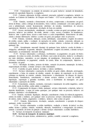 RETENÇÕES SOBRE SERVIÇOS PRESTADOS
________________________________________________________________________
____________________________________________________________________________________________
Jesús Carcavilla Benito
88534324/81343501
68
15.04 – Fornecimento ou emissão de atestados em geral, inclusive atestado de idoneidade,
atestado de capacidade financeira e congêneres.
15.05 – Cadastro, elaboração de ficha cadastral, renovação cadastral e congêneres, inclusão ou
exclusão no Cadastro de Emitentes de Cheques sem Fundos – CCF ou em quaisquer outros bancos
cadastrais.
15.06 – Emissão, reemissão e fornecimento de avisos, comprovantes e documentos em geral;
abono de firmas; coleta e entrega de documentos, bens e valores; comunicação com outra agência ou
com a administração central; licenciamento eletrônico de veículos; transferência de veículos;
agenciamento fiduciário ou depositário; devolução de bens em custódia.
15.07 – Acesso, movimentação, atendimento e consulta a contas em geral, por qualquer meio ou
processo, inclusive por telefone, fac-símile, internet e telex, acesso a terminais de atendimento,
inclusive vinte e quatro horas; acesso a outro banco e a rede compartilhada; fornecimento de saldo,
extrato e demais informações relativas a contas em geral, por qualquer meio ou processo.
15.08 – Emissão, reemissão, alteração, cessão, substituição, cancelamento e registro de contrato
de crédito; estudo, análise e avaliação de operações de crédito; emissão, concessão, alteração ou
contratação de aval, fiança, anuência e congêneres; serviços relativos a abertura de crédito, para
quaisquer fins.
15.09 – Arrendamento mercantil (leasing) de quaisquer bens, inclusive cessão de direitos e
obrigações, substituição de garantia, alteração, cancelamento e registro de contrato, e demais serviços
relacionados ao arrendamento mercantil (leasing).
15.10 – Serviços relacionados a cobranças, recebimentos ou pagamentos em geral, de títulos
quaisquer, de contas ou carnês, de câmbio, de tributos e por conta de terceiros, inclusive os efetuados
por meio eletrônico, automático ou por máquinas de atendimento; fornecimento de posição de
cobrança, recebimento ou pagamento; emissão de carnês, fichas de compensação, impressos e
documentos em geral.
15.11 – Devolução de títulos, protesto de títulos, sustação de protesto, manutenção de títulos,
reapresentação de títulos, e demais serviços a eles relacionados.
15.12 – Custódia em geral, inclusive de títulos e valores mobiliários.
15.13 – Serviços relacionados a operações de câmbio em geral, edição, alteração, prorrogação,
cancelamento e baixa de contrato de câmbio; emissão de registro de exportação ou de crédito;
cobrança ou depósito no exterior; emissão, fornecimento e cancelamento de cheques de viagem;
fornecimento, transferência, cancelamento e demais serviços relativos a carta de crédito de
importação, exportação e garantias recebidas; envio e recebimento de mensagens em geral
relacionadas a operações de câmbio.
15.14 – Fornecimento, emissão, reemissão, renovação e manutenção de cartão magnético, cartão
de crédito, cartão de débito, cartão salário e congêneres.
15.15 – Compensação de cheques e títulos quaisquer; serviços relacionados a depósito, inclusive
depósito identificado, a saque de contas quaisquer, por qualquer meio ou processo, inclusive em
terminais eletrônicos e de atendimento.
15.16 – Emissão, reemissão, liquidação, alteração, cancelamento e baixa de ordens de pagamento,
ordens de crédito e similares, por qualquer meio ou processo; serviços relacionados à transferência
de valores, dados, fundos, pagamentos e similares, inclusive entre contas em geral.
15.17 – Emissão, fornecimento, devolução, sustação, cancelamento e oposição de cheques
quaisquer, avulso ou por talão.
15.18 – Serviços relacionados a crédito imobiliário, avaliação e vistoria de imóvel ou obra,
análise técnica e jurídica, emissão, reemissão, alteração, transferência e renegociação de contrato,
emissão e reemissão do termo de quitação e demais serviços relacionados a crédito imobiliário.
16 – Serviços de transporte de natureza municipal.
16.01 – Serviços de transporte de natureza municipal.
17 – Serviços de apoio técnico, administrativo, jurídico, contábil, comercial e congêneres.
 