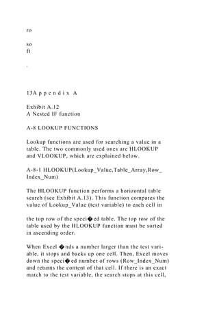 ro
so
ft
.
13A p p e n d i x A
Exhibit A.12
A Nested IF function
A-8 LOOKUP FUNCTIONS
Lookup functions are used for searching a value in a
table. The two commonly used ones are HLOOKUP
and VLOOKUP, which are explained below.
A-8-1 HLOOKUP(Lookup_Value,Table_Array,Row_
Index_Num)
The HLOOKUP function performs a horizontal table
search (see Exhibit A.13). This function compares the
value of Lookup_Value (test variable) to each cell in
the top row of the speci� ed table. The top row of the
table used by the HLOOKUP function must be sorted
in ascending order.
When Excel � nds a number larger than the test vari-
able, it stops and backs up one cell. Then, Excel moves
down the speci� ed number of rows (Row_Index_Num)
and returns the content of that cell. If there is an exact
match to the test variable, the search stops at this cell,
 