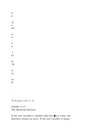 it
h
p
e
rm
is
si
o
n
f
ro
m
M
ic
ro
so
ft
.
14 A p p e n d i x A
Exhibit A.13
The Hlookup function
If the test variable is smaller than the � rst value, the
function returns an error. If the test variable is larger
 