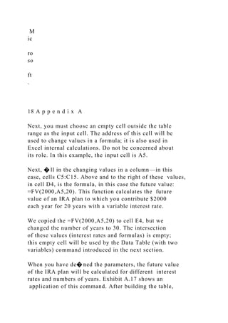 M
ic
ro
so
ft
.
18 A p p e n d i x A
Next, you must choose an empty cell outside the table
range as the input cell. The address of this cell will be
used to change values in a formula; it is also used in
Excel internal calculations. Do not be concerned about
its role. In this example, the input cell is A5.
Next, � ll in the changing values in a column—in this
case, cells C5:C15. Above and to the right of these values,
in cell D4, is the formula, in this case the future value:
=FV(2000,A5,20). This function calculates the future
value of an IRA plan to which you contribute $2000
each year for 20 years with a variable interest rate.
We copied the =FV(2000,A5,20) to cell E4, but we
changed the number of years to 30. The intersection
of these values (interest rates and formulas) is empty;
this empty cell will be used by the Data Table (with two
variables) command introduced in the next section.
When you have de� ned the parameters, the future value
of the IRA plan will be calculated for different interest
rates and numbers of years. Exhibit A.17 shows an
application of this command. After building the table,
 