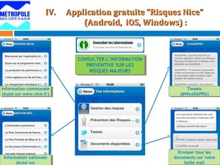 CONSULTER L’INFORMATION
PREVENTIVE SUR LES
RISQUES MAJEURS
CONSULTER L’INFORMATION
PREVENTIVE SUR LES
RISQUES MAJEURS
Information nationale
(Aussi sur
Information nationale
(Aussi sur
Information communale
(Aussi sur www.nice.fr)
Information communale
(Aussi sur www.nice.fr)
Tweets
(@NiceDAPRU)
Tweets
(@NiceDAPRU)
Envoyer tous les
documents sur votre
boîte mail
Envoyer tous les
documents sur votre
boîte mail
IV.IV. Application gratuite “Risques Nice”Application gratuite “Risques Nice”
(Android, iOS, Windows) :(Android, iOS, Windows) :
 