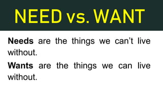 NEED vs. WANT
Needs are the things we can’t live
without.
Wants are the things we can live
without.
 