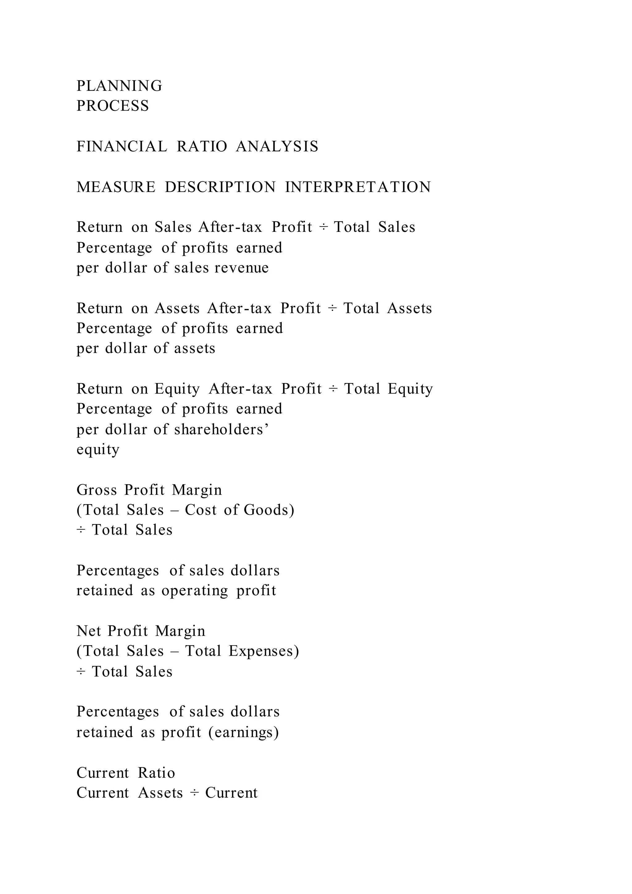 PLANNING
PROCESS
FINANCIAL RATIO ANALYSIS
MEASURE DESCRIPTION INTERPRETATION
Return on Sales After-tax Profit ÷ Total Sales
Percentage of profits earned
per dollar of sales revenue
Return on Assets After-tax Profit ÷ Total Assets
Percentage of profits earned
per dollar of assets
Return on Equity After-tax Profit ÷ Total Equity
Percentage of profits earned
per dollar of shareholders’
equity
Gross Profit Margin
(Total Sales – Cost of Goods)
÷ Total Sales
Percentages of sales dollars
retained as operating profit
Net Profit Margin
(Total Sales – Total Expenses)
÷ Total Sales
Percentages of sales dollars
retained as profit (earnings)
Current Ratio
Current Assets ÷ Current
 
