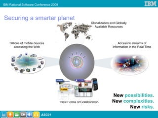 IBM Rational Software Conference 2009



Securing a smarter planet
                                                            Globalization and Globally
                                                              Available Resources




    Billions of mobile devices                                                 Access to streams of
        accessing the Web                                                  information in the Real Time




                                                                           New possibilities.
                                        New Forms of Collaboration         New complexities.
                                                                                 New risks.
                           ASC01
 