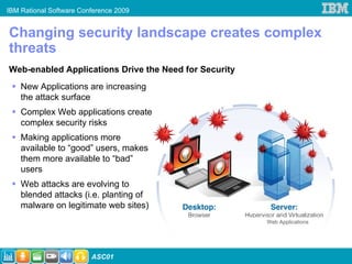 IBM Rational Software Conference 2009


Changing security landscape creates complex
threats
Web-enabled Applications Drive the Need for Security
    New Applications are increasing
    the attack surface
    Complex Web applications create
    complex security risks
    Making applications more
    available to “good” users, makes
    them more available to “bad”
    users
    Web attacks are evolving to
    blended attacks (i.e. planting of
    malware on legitimate web sites)
                                                       Web Applications




                         ASC01
 