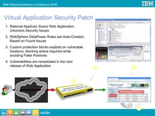 IBM Rational Software Conference 2009



Virtual Application Security Patch
 1. Rational AppScan Scans Web Application,
    Uncovers Security Issues
 2. WebSphere DataPower Rules are Auto-Created,
    Based on Found Issues
 3. Custom protection blocks exploits on vulnerable
    locations, blocking where required while
    avoiding False Positives
 4. Vulnerabilities are remediated in the next
    release of Web Application                        2   1



                                                 3




                                                              4
                         ASC01
 