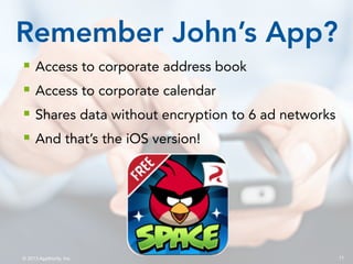 11© 2013 Appthority, Inc.
§  Access to corporate address book
§  Access to corporate calendar
§  Shares data without encryption to 6 ad networks
§  And that’s the iOS version!
Remember John’s App?
 