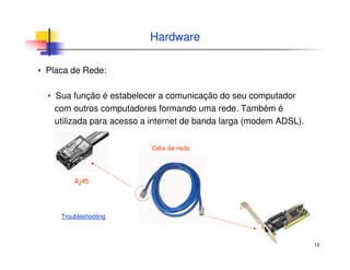 12
Hardware
▪ Placa de Rede:
▪ Sua função é estabelecer a comunicação do seu computador
com outros computadores formando uma rede. Também é
utilizada para acesso a internet de banda larga (modem ADSL).
Cabo de rede
Rj45
Troubleshooting
 