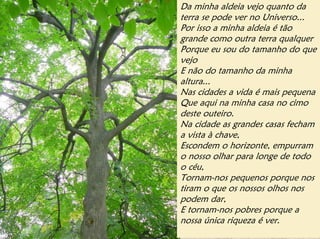 Da minha aldeia vejo quanto da
terra se pode ver no Universo...
Por isso a minha aldeia é tão
grande como outra terra qualquer
Porque eu sou do tamanho do que
vejo
E não do tamanho da minha
altura...
Nas cidades a vida é mais pequena
Que aqui na minha casa no cimo
deste outeiro.
Na cidade as grandes casas fecham
a vista à chave,
Escondem o horizonte, empurram
o nosso olhar para longe de todo
o céu,
Tornam-nos pequenos porque nos
tiram o que os nossos olhos nos
podem dar,
E tornam-nos pobres porque a
nossa única riqueza é ver.
 