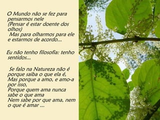 O Mundo não se fez para
pensarmos nele
(Pensar é estar doente dos
olhos)
 Mas para olharmos para ele
e estarmos de acordo...

Eu não tenho filosofia: tenho
sentidos...

 Se falo na Natureza não é
porque saiba o que ela é,
Mas porque a amo, e amo-a
por isso,
Porque quem ama nunca
sabe o que ama
Nem sabe por que ama, nem
o que é amar ...
 