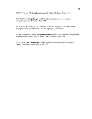15
PILETTI, Nelson. Psicologia Educacional. 10a
Edição. São Paulo: Ática, 1.991.
PORTO, Olívia. Psicopedagogia Institucional: teoria e prática e assessoramento
psicopedagógico. Rio de Janeiro: Wak, 2005.
WEIL, Pierre. A Criança, o Lar e a Escola. 16a
Edição. Petrópolis: Vozes Ltda, 1.994. –
(Guia prático de relações humanas e psicologia para pais e professores)
WEISS, Maria Lúcia Lemme. Psicopedagogia Clínica: uma visão diagnóstica dos problemas
de aprendizagem escolar. 10 ed. 1ª reimp. – Rio de Janeiro: DP&A, 2004.
ZELAN, Karen. Os riscos do saber: obstáculos do desenvolvimento à Aprendizagem
Escolar. Porto Alegre: Artes Médicas Sul, 1993.
 