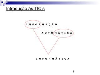 3
Introdução às TIC’s
I N F O R M A Ç Ã O
A U T O M Á T I C A
I N F O R M Á T I C A
 