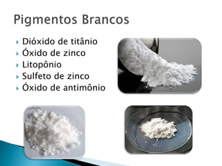  Dióxido de titânio
 Óxido de zinco
 Litopônio
 Sulfeto de zinco
 Óxido de antimônio
 