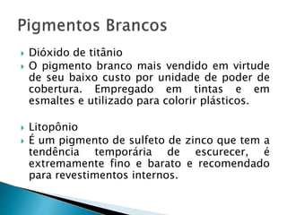  Dióxido de titânio
 O pigmento branco mais vendido em virtude
de seu baixo custo por unidade de poder de
cobertura. Empregado em tintas e em
esmaltes e utilizado para colorir plásticos.
 Litopônio
 É um pigmento de sulfeto de zinco que tem a
tendência temporária de escurecer, é
extremamente fino e barato e recomendado
para revestimentos internos.
 