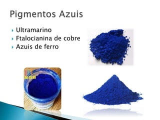  Ultramarino
 Ftalocianina de cobre
 Azuis de ferro
 