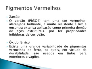  Zarcão
 O zarcão (Pb3O4) tem uma cor vermelho-
alaranjada brilhante, é muito resistente à luz e
encontra extensa aplicação como primeira demão
de aços estruturais. por ter propriedades
inibidoras de corrosão.
 Óxido férrico
 Existe uma grande variabilidade de pigmentos
vermelhos de ferro, os quais, em virtude da
durabilidade, são usados em tintas para
exteriores e vagões.
 