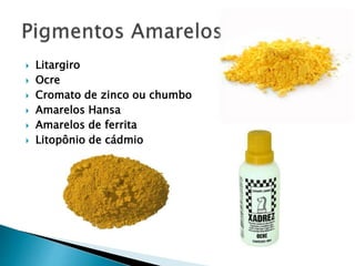  Litargiro
 Ocre
 Cromato de zinco ou chumbo
 Amarelos Hansa
 Amarelos de ferrita
 Litopônio de cádmio
 