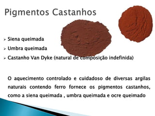  Siena queimada
 Umbra queimada
 Castanho Van Dyke (natural de composição indefinida)
O aquecimento controlado e cuidadoso de diversas argilas
naturais contendo ferro fornece os pigmentos castanhos,
como a siena queimada , umbra queimada e ocre queimado
 