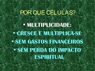 POR QUE CÉLULAS?
• MULTIPLICIDADE:
• CRESCE E MULTIPLICA-SE
• SEM GASTOS FINANCEIROS
• SEM PERDA DO IMPACTO
ESPIRITUAL
 