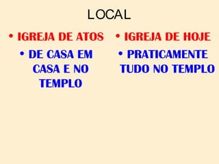LOCAL
• IGREJA DE ATOS
• DE CASA EM
CASA E NO
TEMPLO
• IGREJA DE HOJE
• PRATICAMENTE
TUDO NO TEMPLO
 