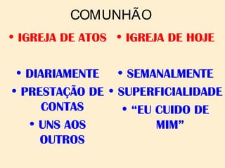 COMUNHÃO
• IGREJA DE ATOS
• DIARIAMENTE
• PRESTAÇÃO DE
CONTAS
• UNS AOS
OUTROS
• IGREJA DE HOJE
• SEMANALMENTE
• SUPERFICIALIDADE
• “EU CUIDO DE
MIM”
 