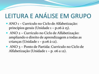 LEITURA E ANÁLISE EM GRUPO
 ANO 1 – Currículo no Ciclo de Alfabetização:
princípios gerais (Unidade 1 – p.06 à 15).
 ANO 2 – Currículo no Ciclo de Alfabetização:
ampliando o direito de aprendizagem a todas as
crianças (Unidade 1 – p.06 à 12).
 ANO 3 – Ponto de Partida: Currículo no Ciclo de
Alfabetização (Unidade 1 – p. 06 a 12).
 