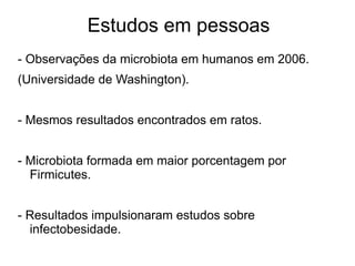 Estudos em pessoas 
- Observaçoes da microbiota em humanos em 2006. 
(Universidade de Washington). 
- Mesmos resultados encontrados em ratos. 
- Microbiota formada em maior porcentagem por 
Firmicutes. 
- Resultados impulsionaram estudos sobre 
infectobesidade. 
 