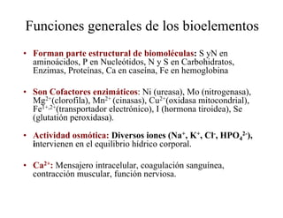 Funciones generales de los bioelementos
• Forman parte estructural de biomoléculas: S yN en
  aminoácidos, P en Nucleótido...