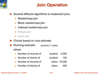 ©Silberschatz, Korth and Sudarshan
15.30
Database System Concepts - 7th Edition
Join Operation
 Several different algorithms to implement joins
 Nested-loop join
 Block nested-loop join
 Indexed nested-loop join
 Merge-join
 Hash-join
 Choice based on cost estimate
 Running example :
where
 Number of records of student: 5,000
 Number of blocks of student: 100
 Number of records of takes: 10,000
 Number of blocks of takes: 400
students takes
 