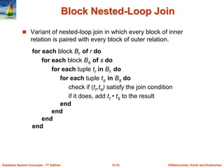 ©Silberschatz, Korth and Sudarshan
15.33
Database System Concepts - 7th Edition
Block Nested-Loop Join
 Variant of nested-loop join in which every block of inner
relation is paired with every block of outer relation.
for each block Br of r do
for each block Bs of s do
for each tuple tr in Br do
for each tuple ts in Bs do
check if (tr,ts) satisfy the join condition
if it does, add tr • ts to the result
end
end
end
end
 