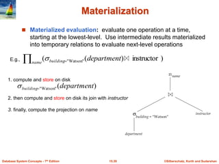 ©Silberschatz, Korth and Sudarshan
15.39
Database System Concepts - 7th Edition
Materialization
 Materialized evaluation: evaluate one operation at a time,
starting at the lowest-level. Use intermediate results materialized
into temporary relations to evaluate next-level operations
 
name building department )
instructor
)
(
( "
Watson
"

E.g.,
)
(
"
Watson
" department
building

1. compute and store on disk
2. then compute and store on disk its join with instructor
3. finally, compute the projection on name
 
