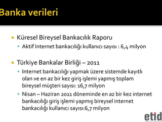    Küresel Bireysel Bankacılık Raporu
     Aktif Internet bankacılığı kullanıcı sayısı : 6,4 milyon


   Türkiye Bankalar Birliği – 2011
     Internet bankacılığı yapmak üzere sistemde kayıtlı
      olan ve en az bir kez giriş işlemi yapmış toplam
      bireysel müşteri sayısı: 16,7 milyon
     Nisan – Haziran 2011 döneminde en az bir kez internet
      bankacılığı giriş işlemi yapmış bireysel internet
      bankacılığı kullanıcı sayısı:6,7 milyon
 