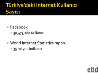    Facebook
     30,473,280 Kullanıcı


   World Internet Statistics raporu
     35 milyon kullanıcı
 