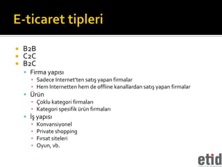    B2B
   C2C
   B2C
     Firma yapısı
       ▪ Sadece Internet’ten satış yapan firmalar
       ▪ Hem Internetten hem de offline kanallardan satış yapan firmalar
     Ürün
       ▪ Çoklu kategori firmaları
       ▪ Kategori spesifik ürün firmaları
     İş yapısı
       ▪ Konvansiyonel
       ▪ Private shopping
       ▪ Fırsat siteleri
       ▪ Oyun, vb.
 