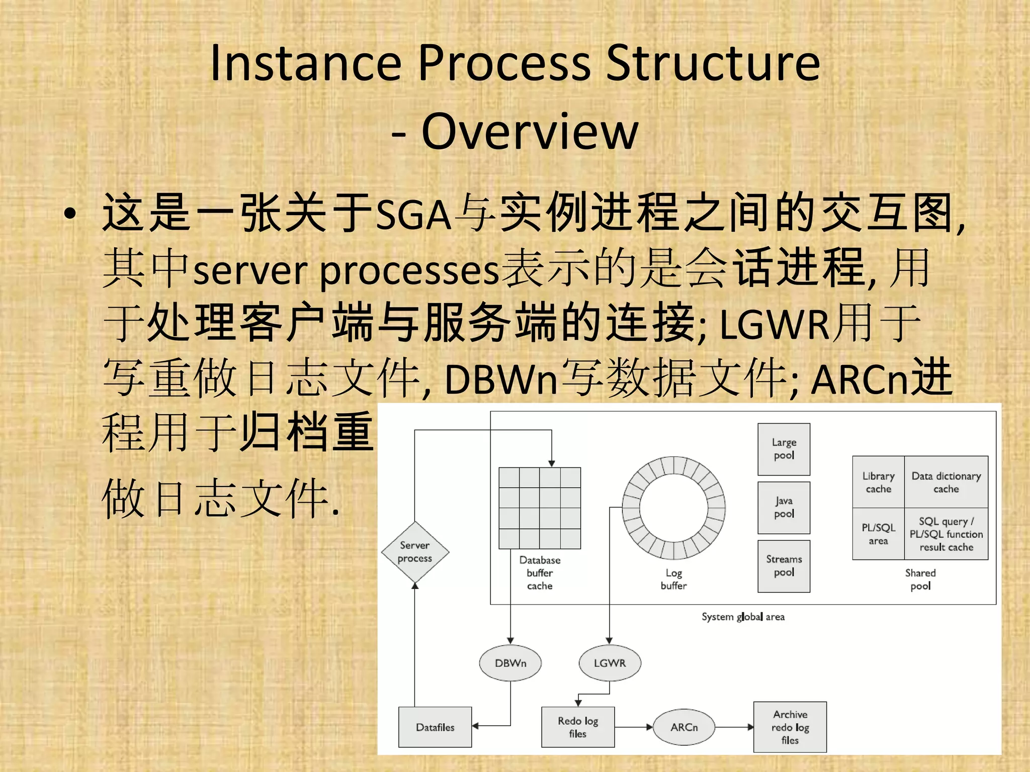 Instance Process Structure
             - Overview
• 这是一张关于SGA与实例进程之间的交互图,
  其中server processes表示的是会话进程, 用
  于处理客户端与服务端的连接; LGWR用于
  写重做日志文件, DBWn写数据文件; ARCn进
  程用于归档重
  做日志文件.
 