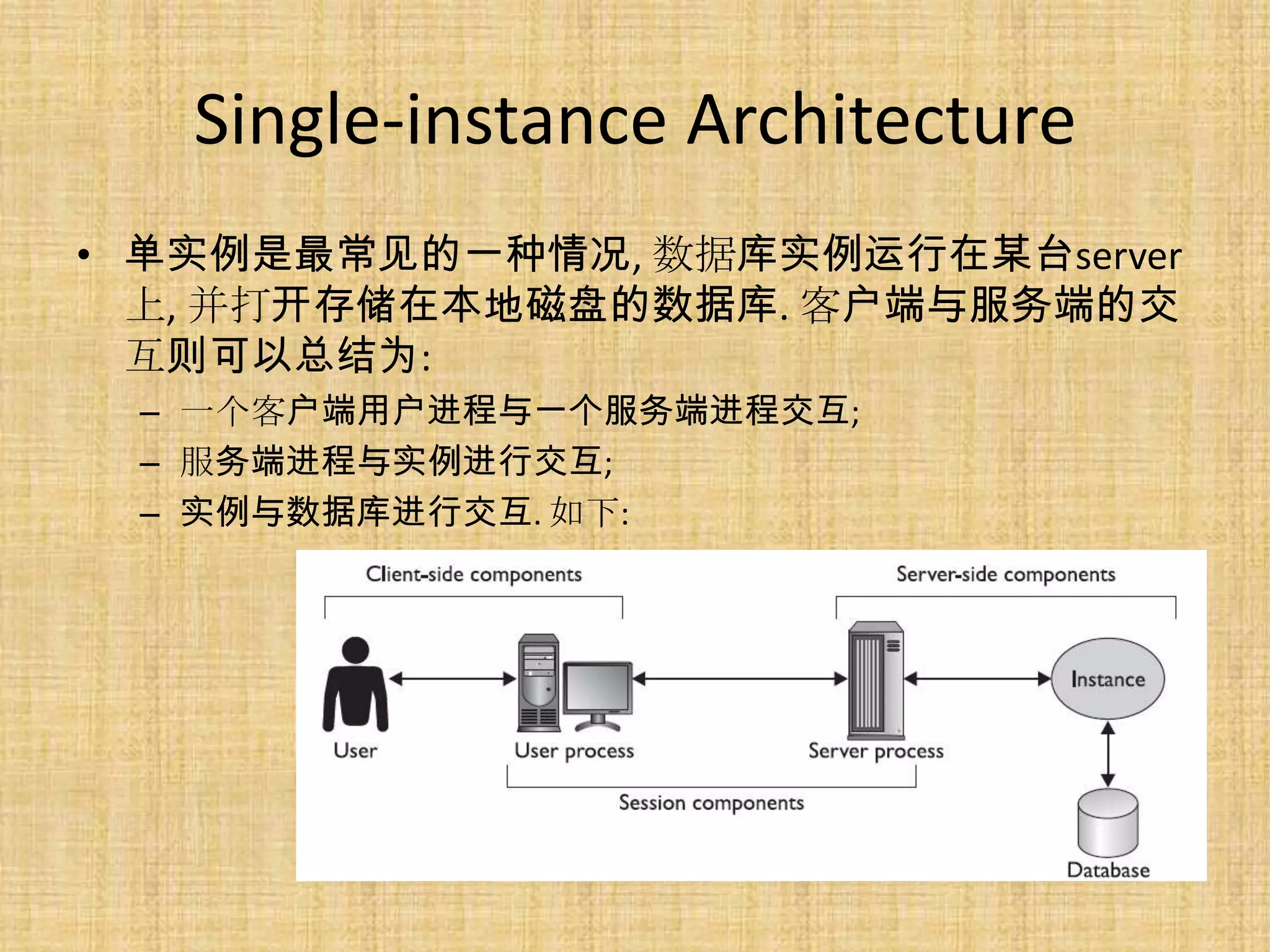 Single-instance Architecture
• 单实例是最常见的一种情况, 数据库实例运行在某台server
  上, 并打开存储在本地磁盘的数据库. 客户端与服务端的交
  互则可以总结为:
 – 一个客户端用户进程与一个服务端进程交互;
 – 服务端进程与实例进行交互;
 – 实例与数据库进行交互. 如下:
 