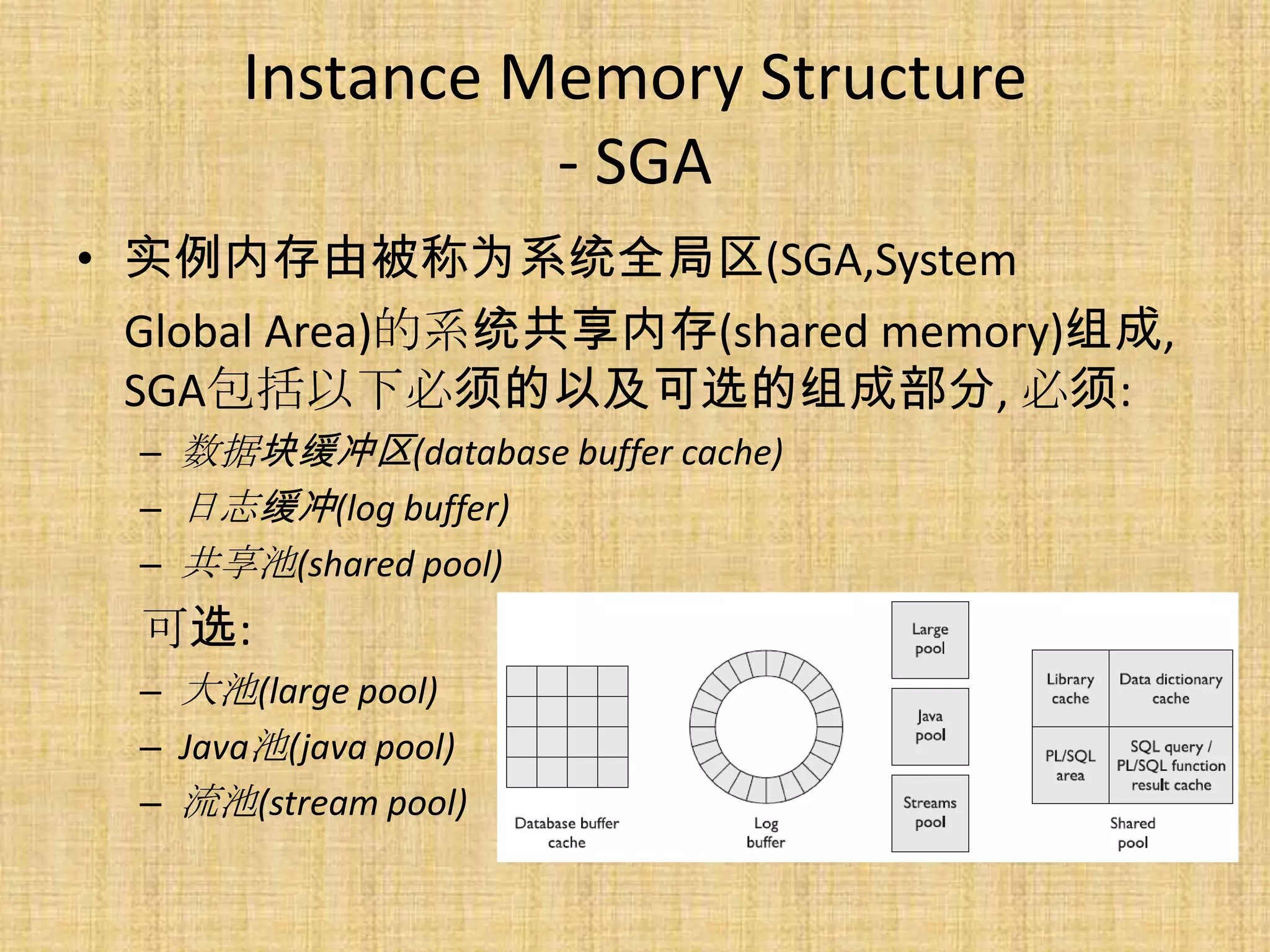 Instance Memory Structure
                 - SGA
• 实例内存由被称为系统全局区(SGA,System
  Global Area)的系统共享内存(shared memory)组成,
  SGA包括以下必须的以及可选的组成部分, 必须:
  – 数据块缓冲区(database buffer cache)
  – 日志缓冲(log buffer)
  – 共享池(shared pool)
  可选:
  – 大池(large pool)
  – Java池(java pool)
  – 流池(stream pool)
 