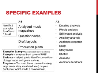SPECIFIC EXAMPLES
AS
Analysed music
magazines
Questionnaires
Draft layouts
Production plans
A2
• Detailed analysis
• iMovie analysis
• Still image analysis
• Ancillary analysis
• Audience research
• Script
• Storyboard
• Shotlist
• Animatic
• Audience feedback
Exemplar Example (yours needs to be more detailed)
Example – analysed front cover of NME
Evaluate – helped you to identify conventions
of page layout and genre such as…
Progress – You used these conventions (e.g.
large cover story, masthead, etc.) on your
front cover which made it conventional.
Identify 2
examples
for AS and
3 for A2.
 