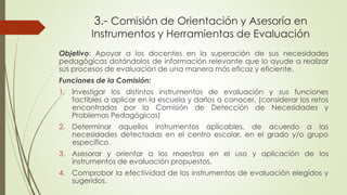Objetivo: Apoyar a los docentes en la superación de sus necesidades
pedagógicas dotándolos de información relevante que lo ayude a realizar
sus procesos de evaluación de una manera más eficaz y eficiente.
Funciones de la Comisión:
1. Investigar los distintos instrumentos de evaluación y sus funciones
factibles a aplicar en la escuela y darlos a conocer. (considerar los retos
encontrados por la Comisión de Detección de Necesidades y
Problemas Pedagógicos)
2. Determinar aquellos instrumentos aplicables, de acuerdo a las
necesidades detectadas en el centro escolar, en el grado y/o grupo
específico.
3. Asesorar y orientar a los maestros en el uso y aplicación de los
instrumentos de evaluación propuestos.
4. Comprobar la efectividad de los instrumentos de evaluación elegidos y
sugeridos.
3.- Comisión de Orientación y Asesoría en
Instrumentos y Herramientas de Evaluación
 