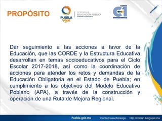 Dar seguimiento a las acciones a favor de la
Educación, que las CORDE y la Estructura Educativa
desarrollan en temas socioeducativos para el Ciclo
Escolar 2017-2018, así como la coordinación de
acciones para atender los retos y demandas de la
Educación Obligatoria en el Estado de Puebla; en
cumplimiento a los objetivos del Modelo Educativo
Poblano (APA), a través de la construcción y
operación de una Ruta de Mejora Regional.
Corde Huauchinango. http://corde1.blogspot.mx
PROPÓSITO
 